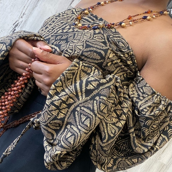 Brown and black ethnic print off the shoulder top - Picture 4 of 7